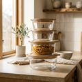 Vita opbevaringsglas med bambuslåg, stablet på køkkenbord
