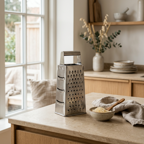 Vita rivejern i rustfrit stål med friskrevet parmesan