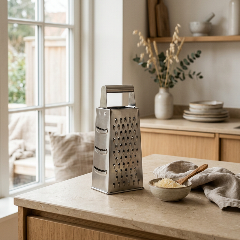 Vita rivejern i rustfrit stål med friskrevet parmesan